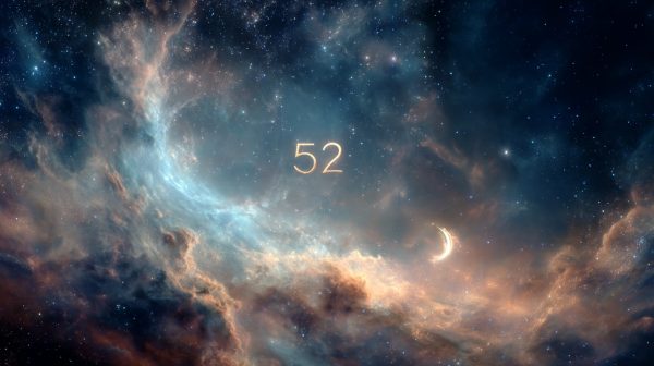 الرقم 52 المتوهج على خلفية كونية.