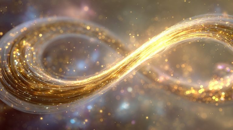 A glowing infinity symbol intertwined with subtle numbers 333 and 8.