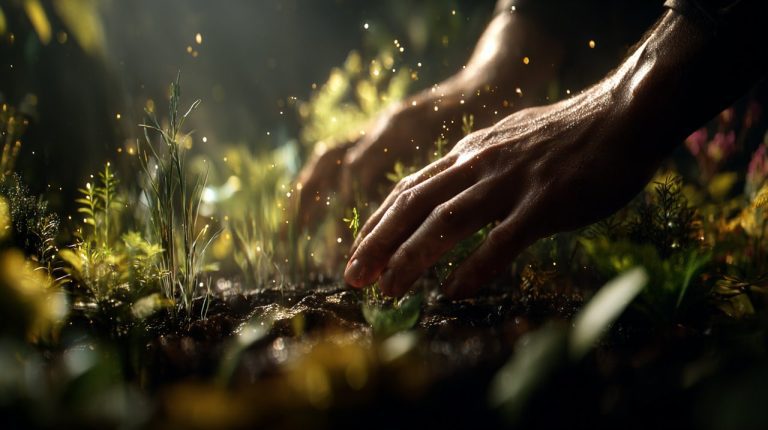 Hands nurturing a vibrant garden, symbolizing integrated spirituality.