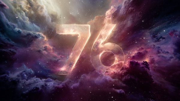 Un número 76 resplandeciente en medio de la luz cósmica.