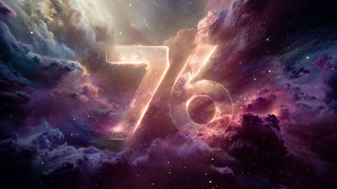 A glowing number 76 amidst cosmic light.