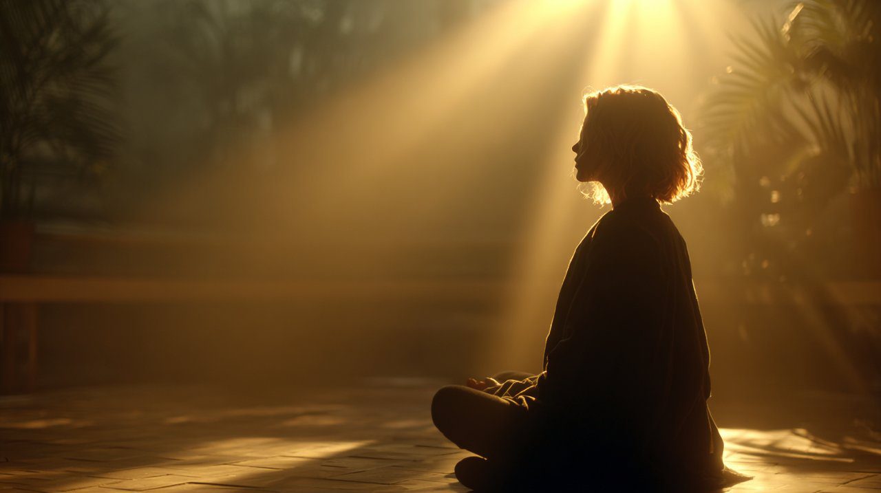 A serene figure meditating amidst a transformative light, symbolizing inner healing and self-sufficiency.