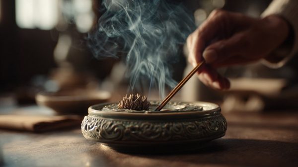 Hände platzieren Räucherwerk in einem Halter während eines Rituals.