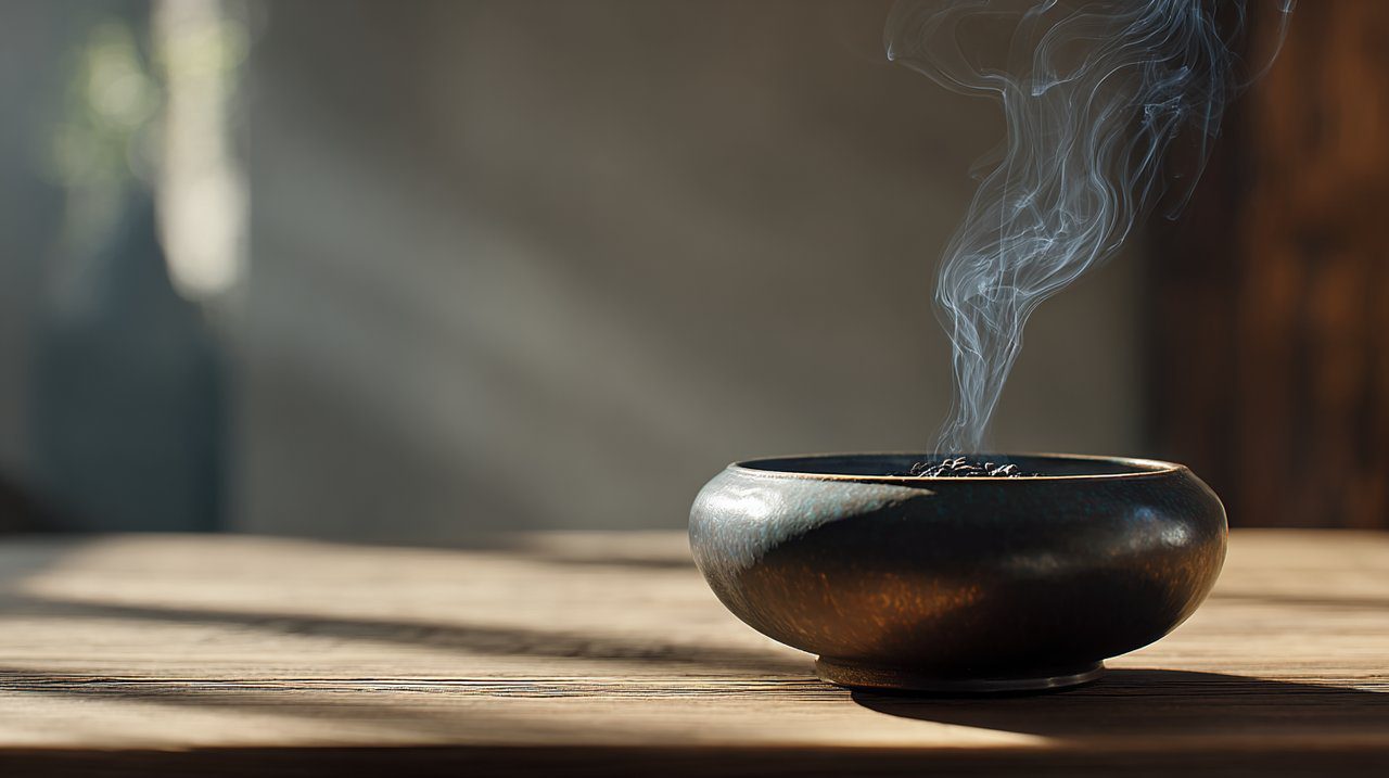 Un elegante quemador de incienso con volutas de humo.