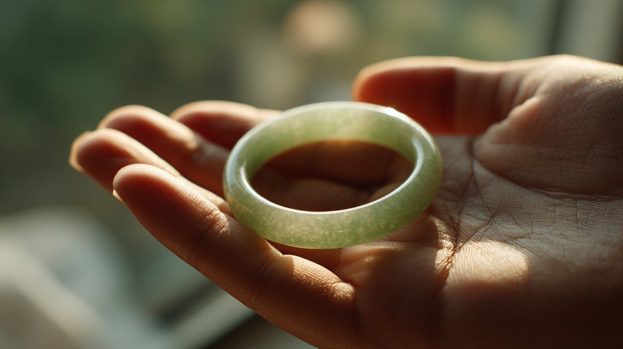 Una mano acariciando suavemente una pulsera de jade.