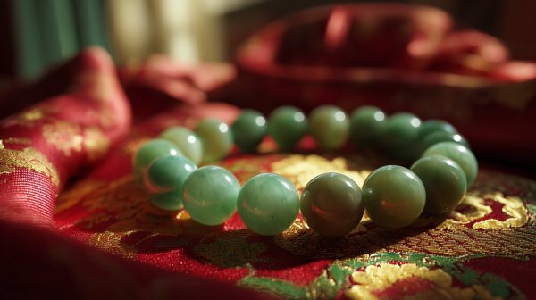 A high-quality jade bracelet on silk.