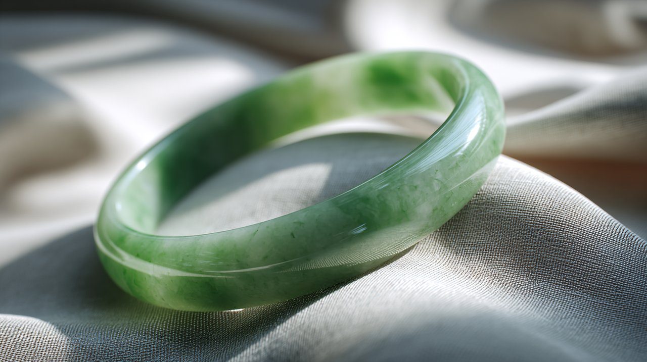 Una serena pulsera de jade sobre un fondo suave y natural.