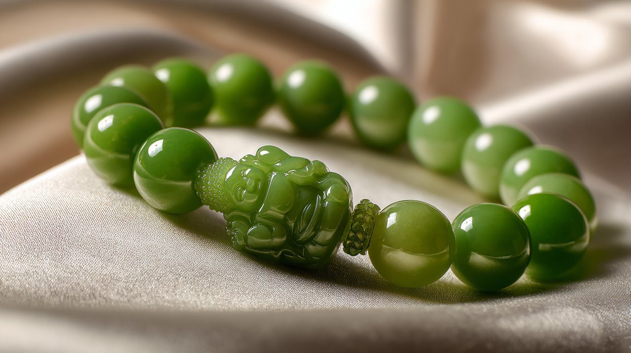 Un hermoso Brazalete de Buda de Jade sobre una tela de seda.