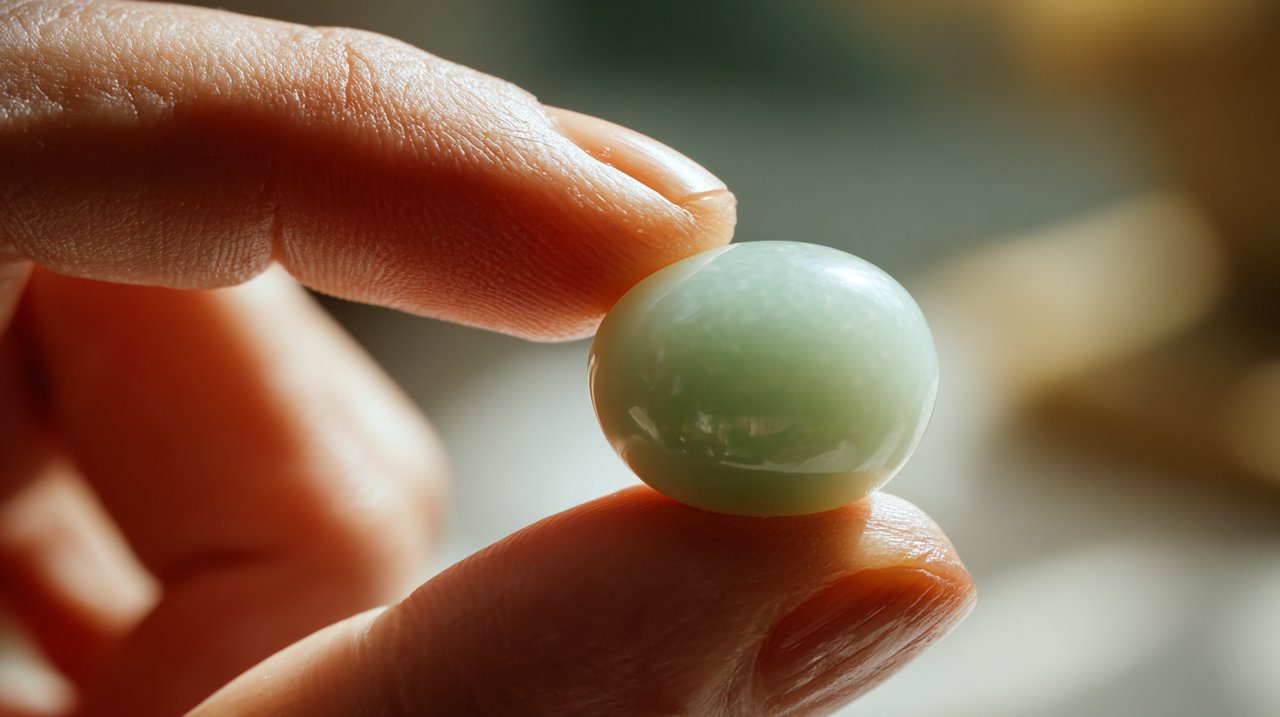 Primer plano de una mano sosteniendo una cuenta de jade pulida.