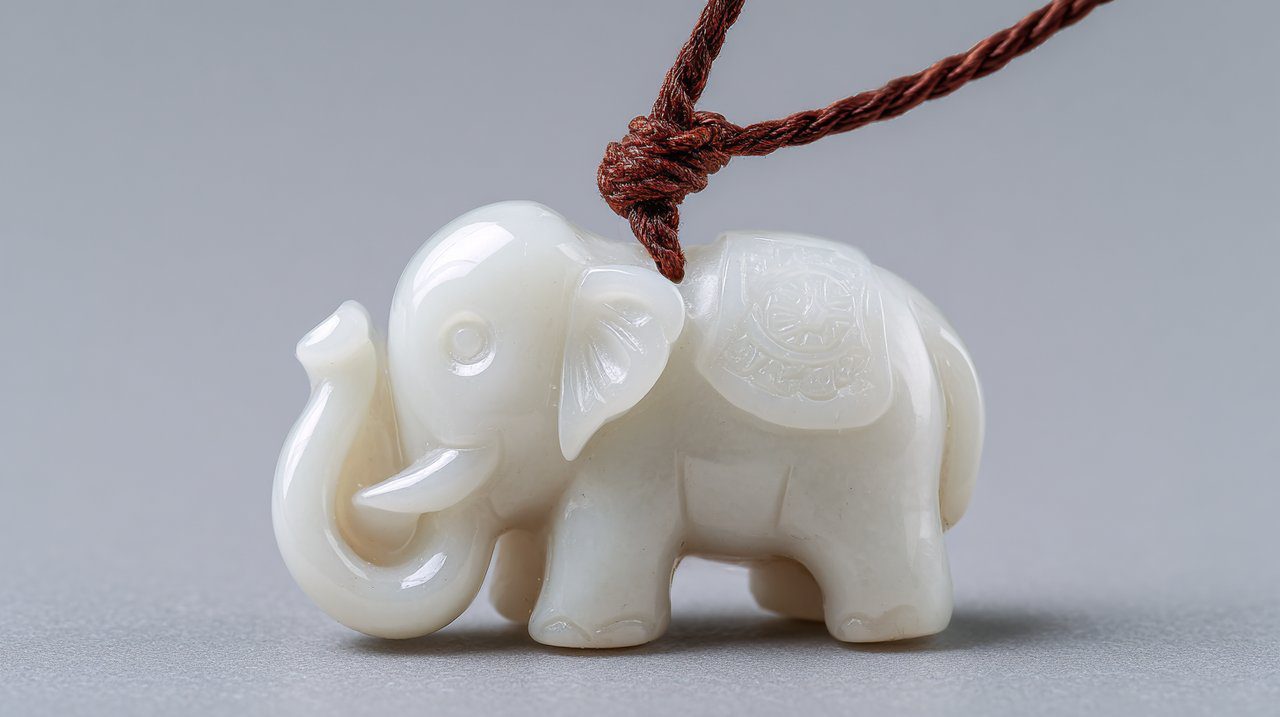 Um pingente de elefante de jade branco imaculado.