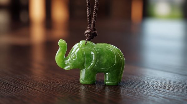 A beautifully carved green jade elephant pendant.