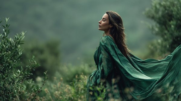 A woman wearing a flowing jade green dress in a serene natural setting.