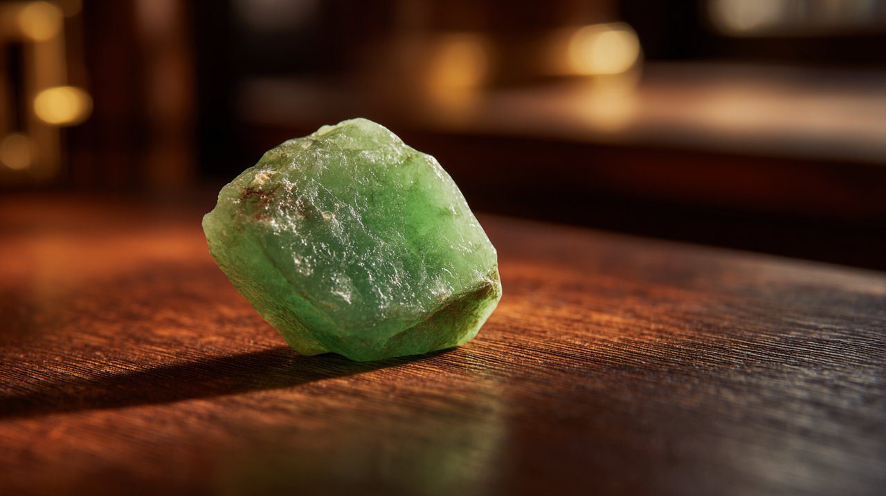 A small, natural jade stone on a smooth surface.