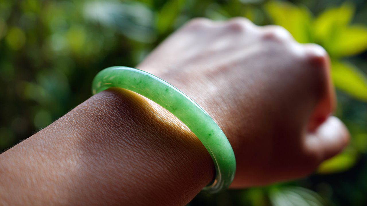 A hand gently adorned with a delicate jadeite bracelet