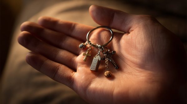 A hand holding a keychain with symbolic charms