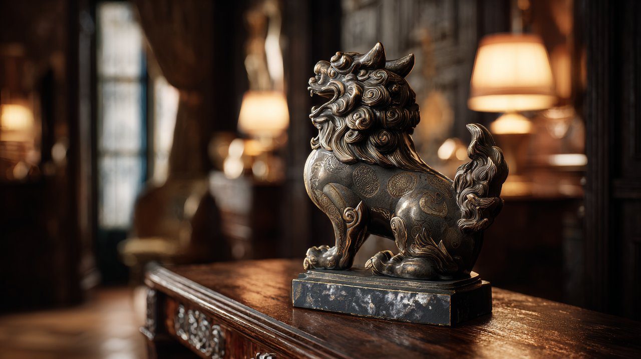Uma escultura detalhada de Ki-Rin como peça decorativa.