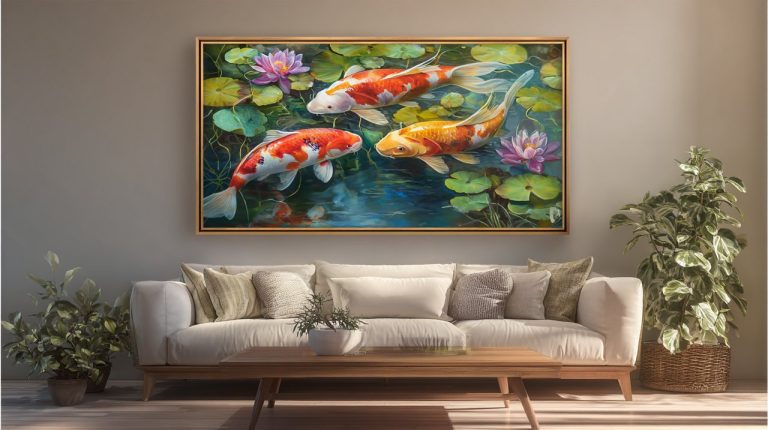 A vibrant koi fish painting as a focal point in a home.