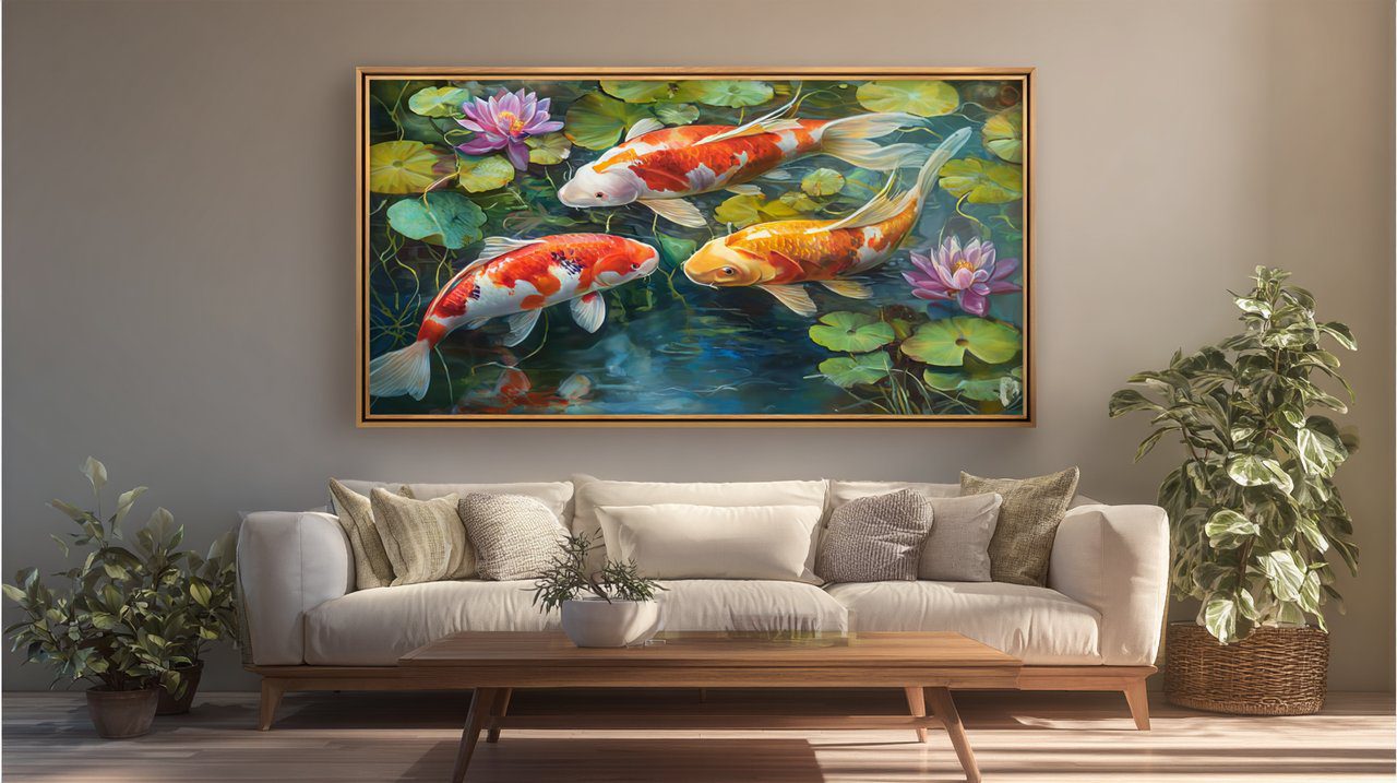 A vibrant koi fish painting as a focal point in a home.