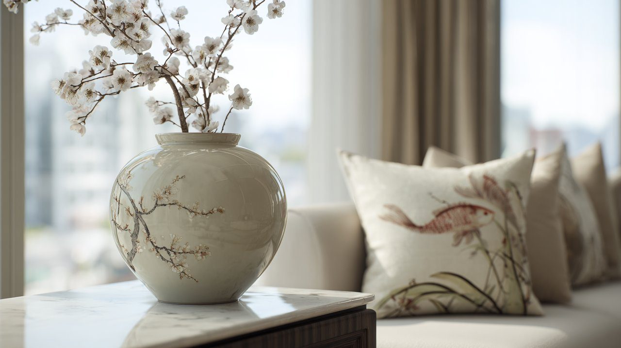 A serene living space adorned with subtle koi decor elements.