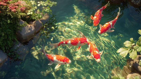 Koi fish swimming peacefully in a tranquil pond.