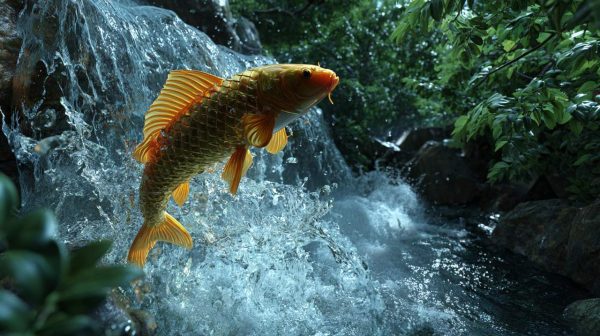 A vibrant koi fish leaping over a waterfall.