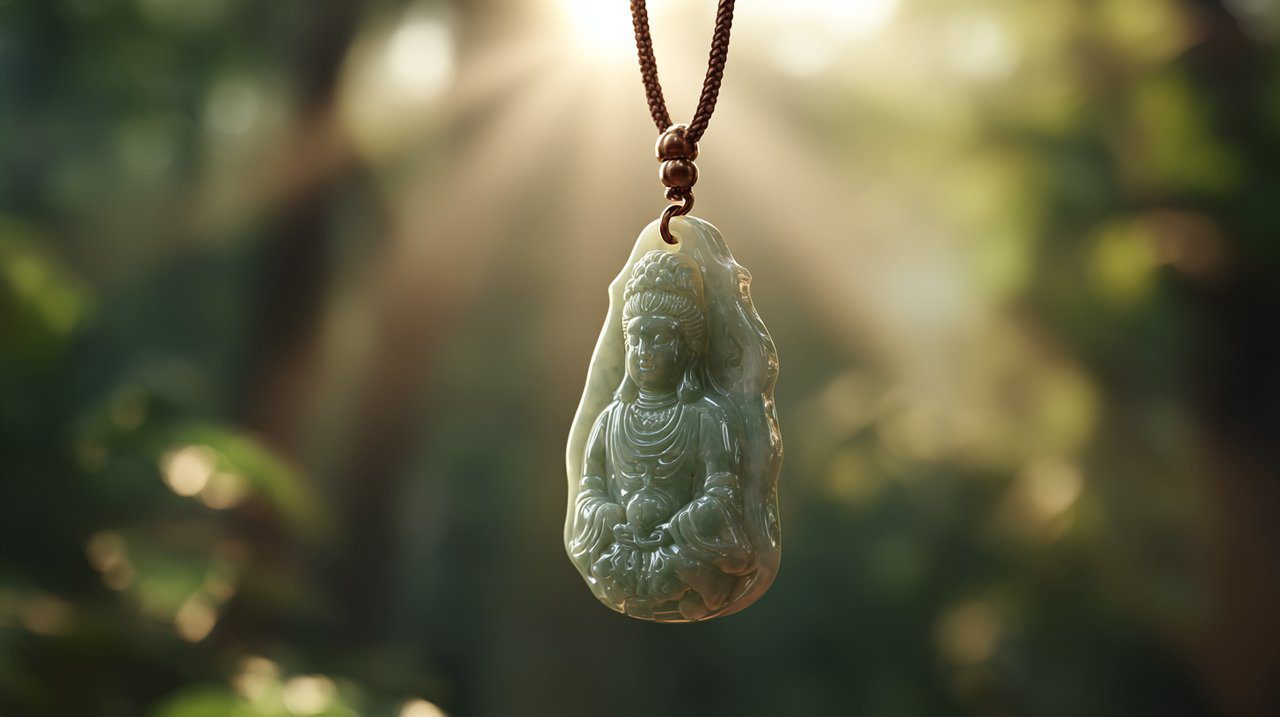 A serene Kwan Yin pendant made of polished jade