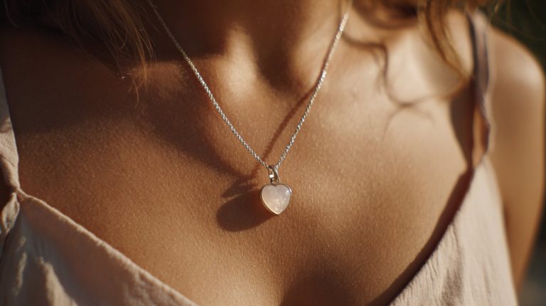 Person wearing a Kwan Yin pendant near heart chakra