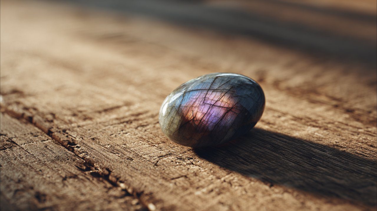 Pequeña piedra de palma de labradorita pulida sobre una superficie de madera