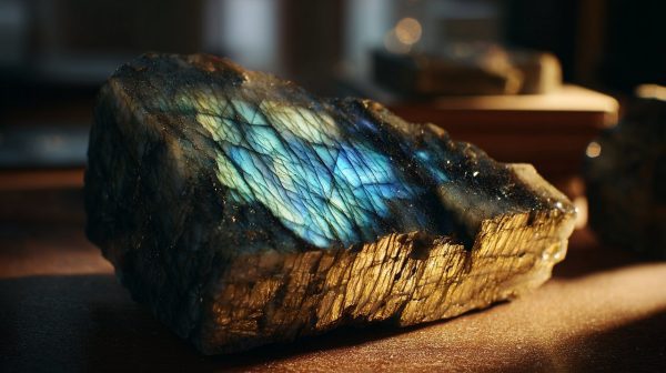 A striking labradorite stone displaying vibrant labradorescence