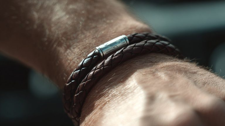 A stylish leather and silver bracelet on a wrist