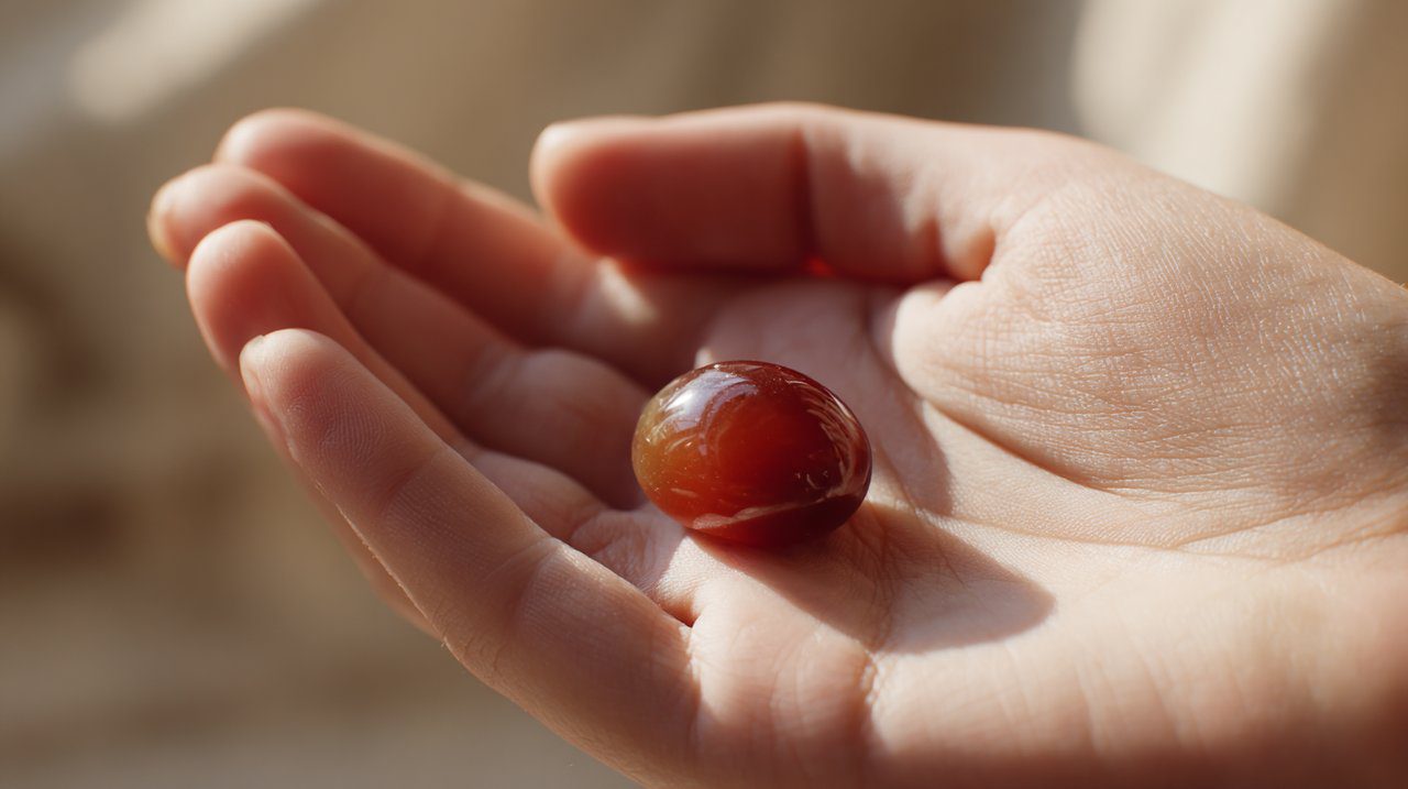 Una mano sosteniendo suavemente una pequeña piedra preciosa para Leo.
