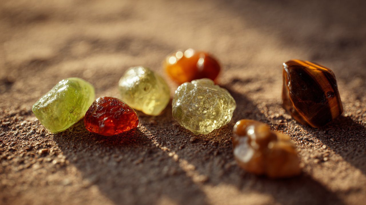 Una colección de piedras preciosas para Leo como peridoto, cornalina y ojo de tigre.