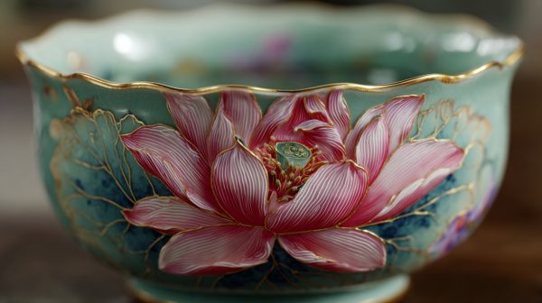 Primer plano de una Taza de Té de Loto mostrando intrincados detalles de diseño
