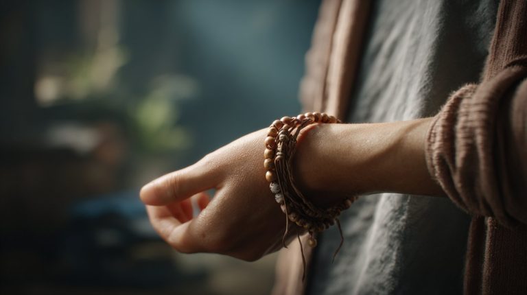 A hand gently holding a simple, meaningful bracelet