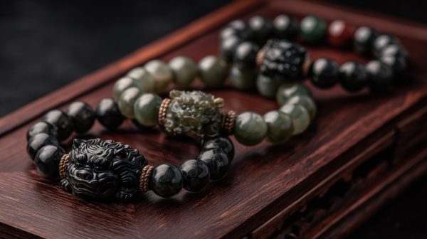 Pulseras de jade y obsidiana con adorno Pixiu