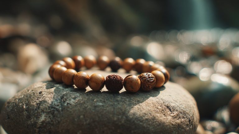 A mala bracelet on a river stone