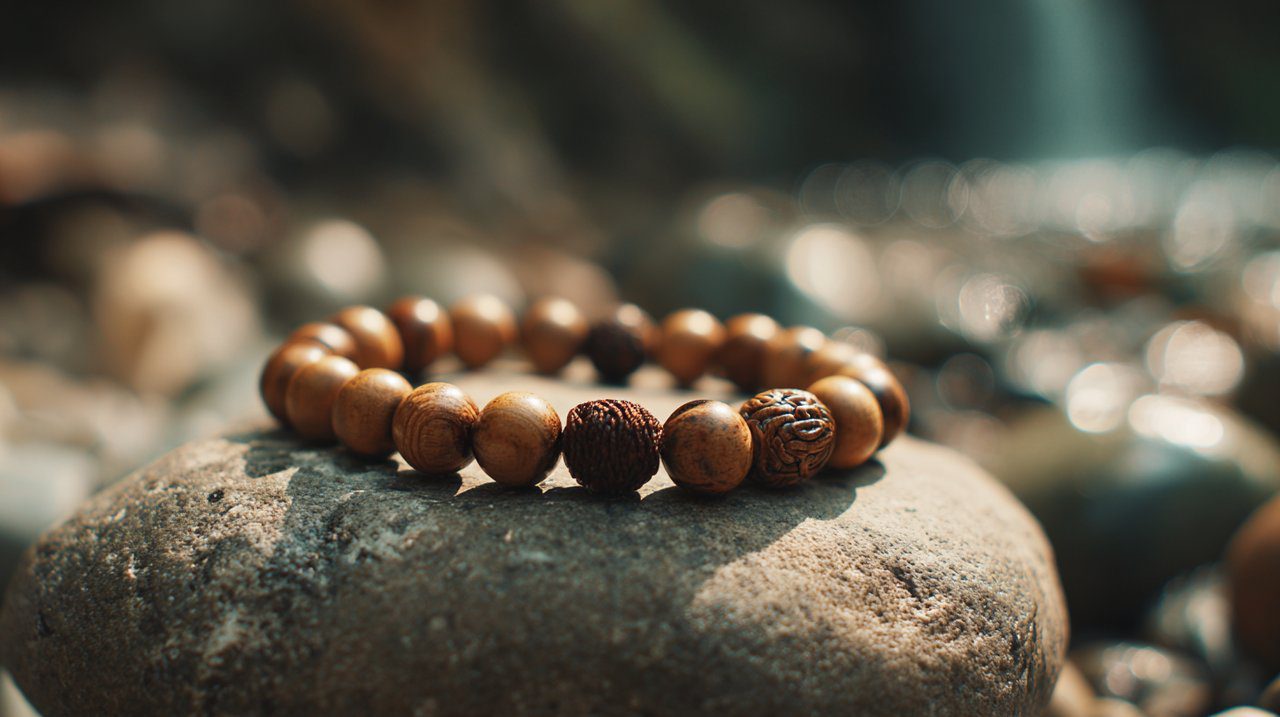 A mala bracelet on a river stone