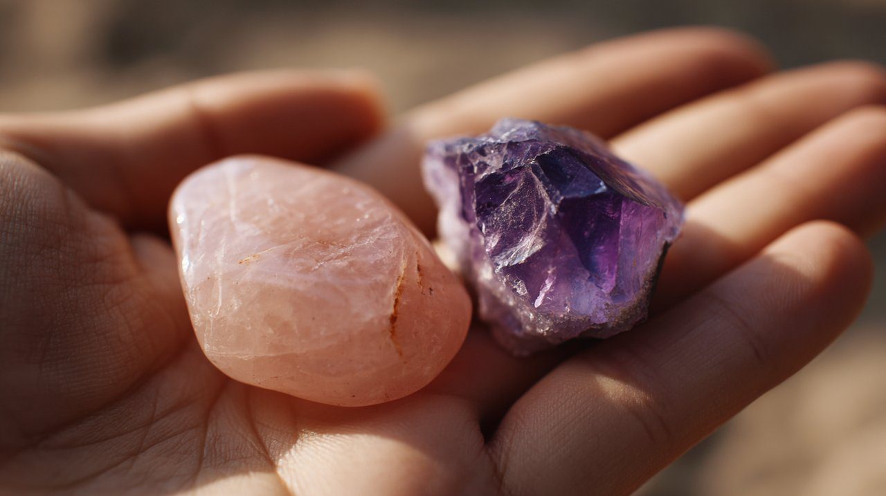 Hand holding rose quartz and amethyst stones