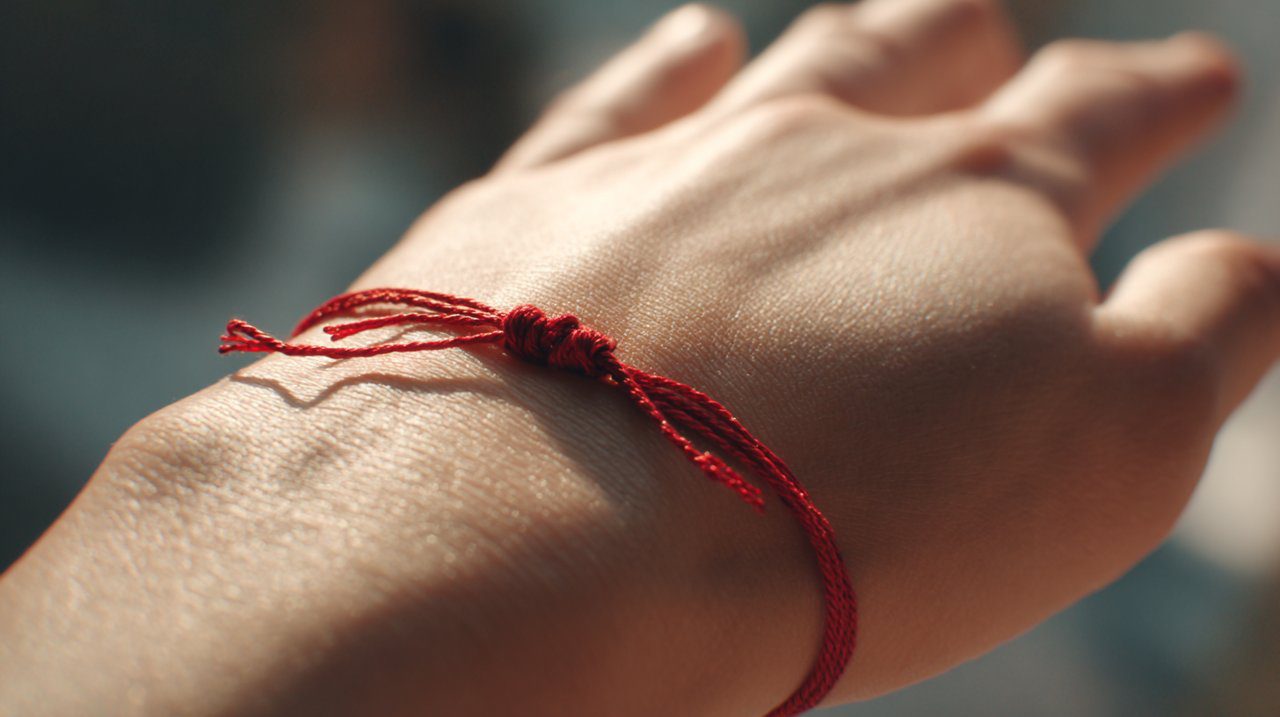 Uma pessoa usando um bracelete de fio vermelho no pulso esquerdo, simbolizando proteção.