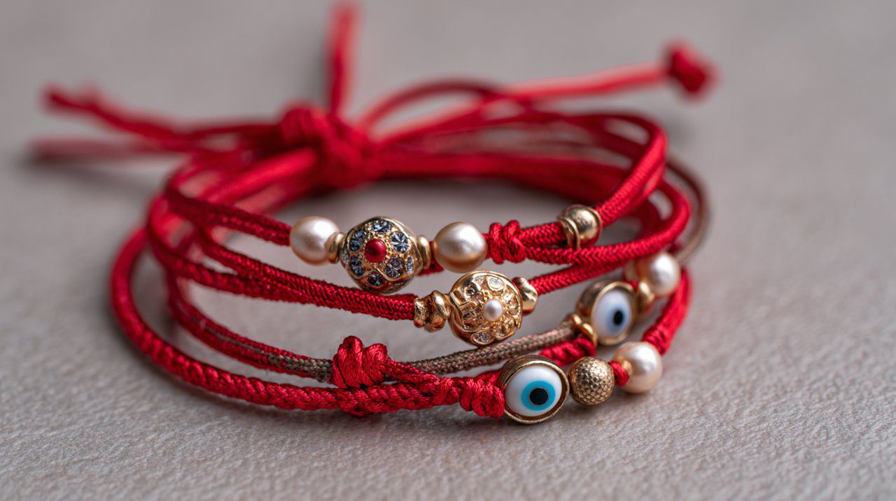 Uma coleção de braceletes de fio vermelho com vários amuletos de proteção.