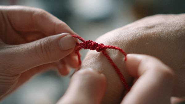 Manos realizando un ritual, atando una pulsera de hilo rojo con intención.