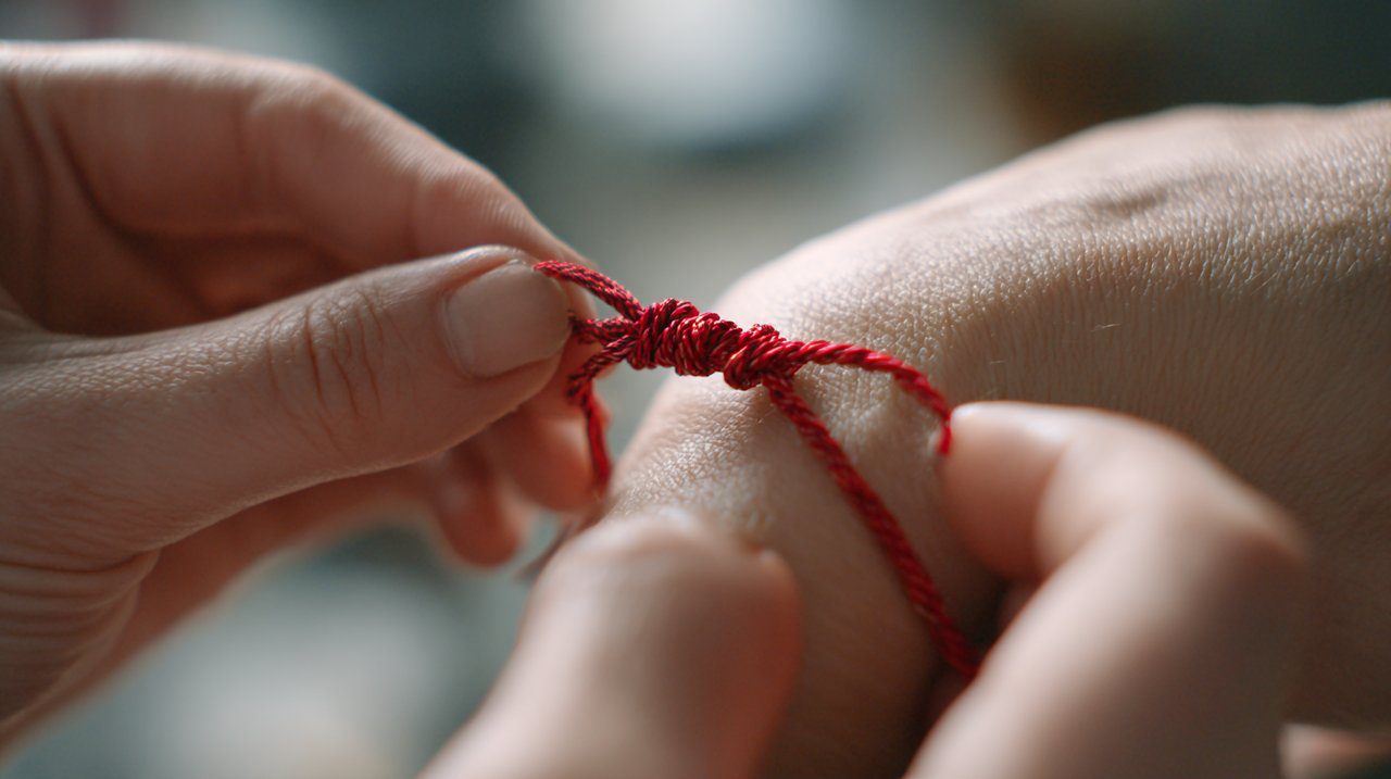 Mãos realizando um ritual, amarrando um bracelete de fio vermelho com intenção.