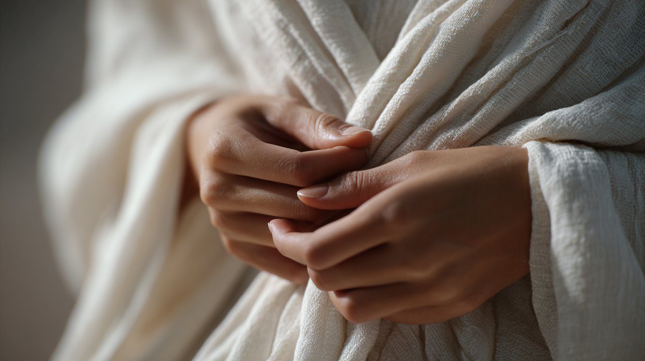 Close-up of hands touching soft fabric for meditation attire.