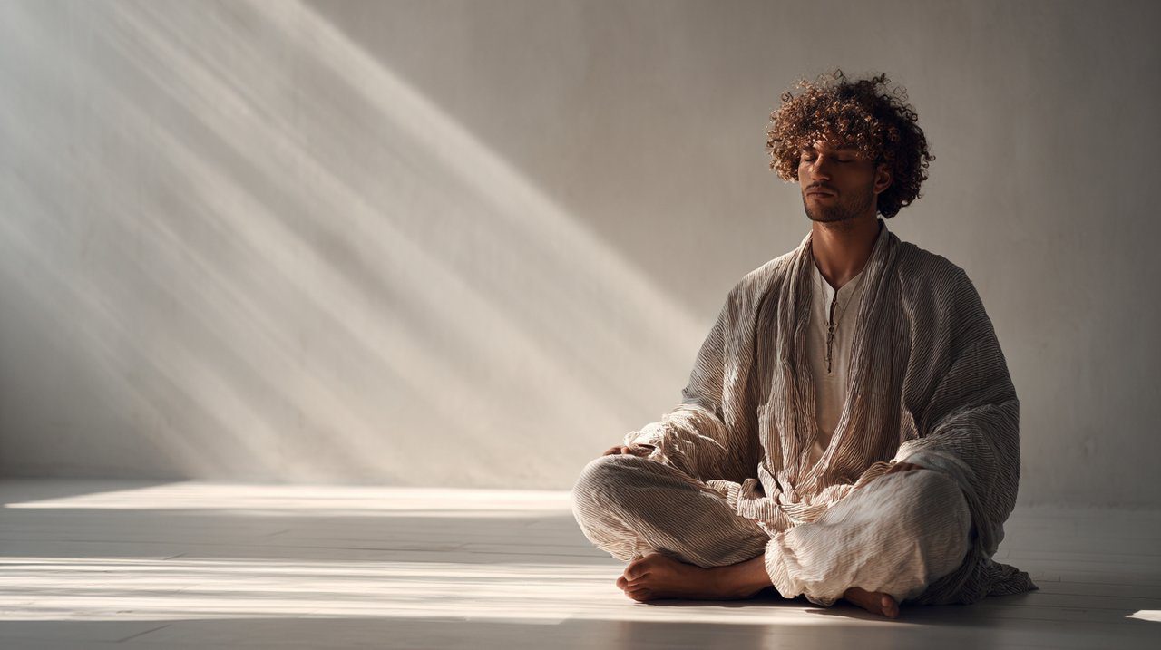 A person meditating in comfortable, flowing attire in a serene setting.