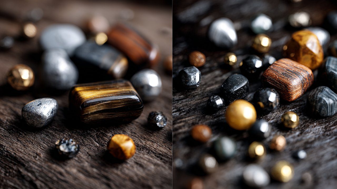 Assortment of small natural beads from various materials.