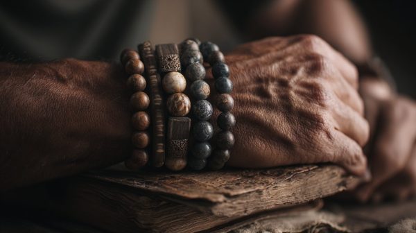 A man's hand wearing several bead bracelets.