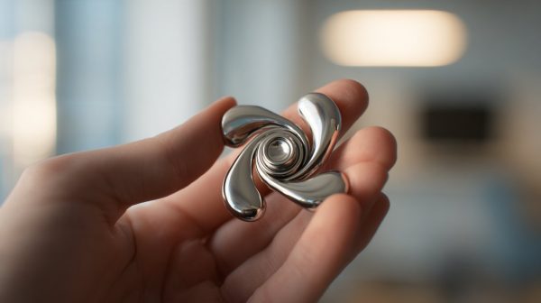 Mano sosteniendo un fidget spinner metálico para el alivio de la ansiedad.