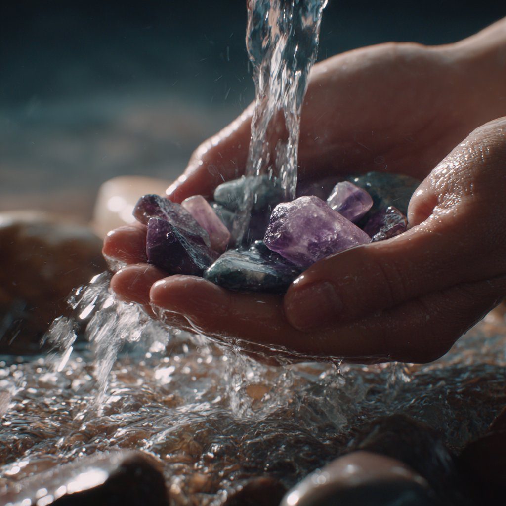 A hand cleansing small crystals under running water.