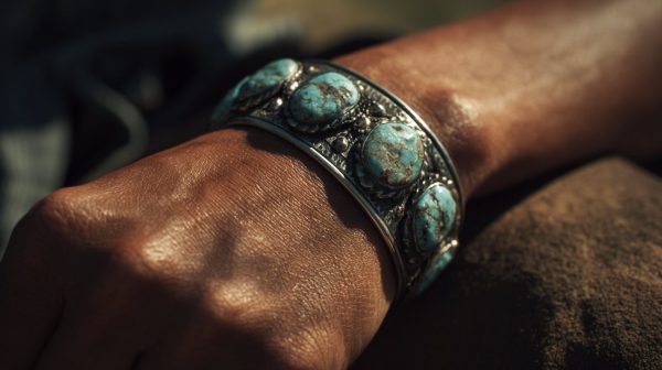 Una mano usando suavemente una pulsera de turquesa tipo cuff.