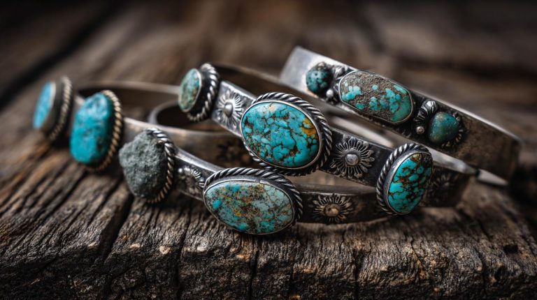 A collection of Native American turquoise bracelets on a rustic surface.